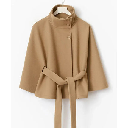 Women Batwing Sleeve Woolen Belted Eclipse Jacket Solid Stand Collar Single Breasted Lace Up Coat Fall Winter Chic Outerwear