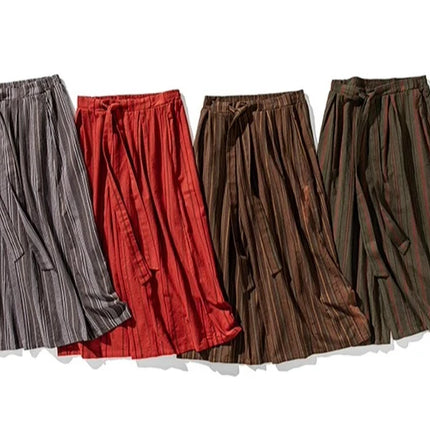 Pantaloni a righe da uomo in cotone e lino, comodi e traspiranti, pantaloni a gamba larga, kimono, samurai giapponese, pantaloni alla moda larghi casual da uomo