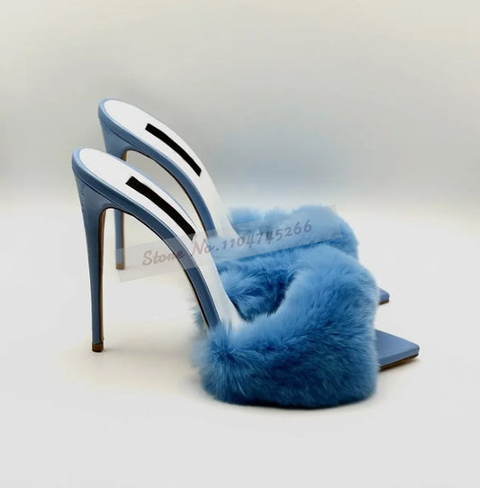 Sky Blue Red Soft Fur High Heel Mules Women Pointed Toe Luxury Plush Modern Slippers Slip-On Fluffy Furry Sandals Dress Pumps