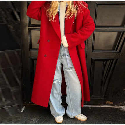 Elegant Women's Woolen Overcoat Solid Lapel Double Breasted Full Sleeve Long Coat 2026 Autumn Winter Fashion Lady Outwear