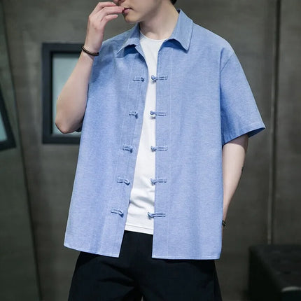 Camicie Estive da Uomo in Stile Cinese Retrò Tradizionale in Cotone e Lino Traspirante, Camicie Tang Suit, Bluse Casual da Uomo per Kung Fu e Tai Chi