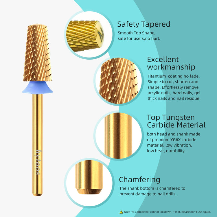 HYTOOS Titanium Safety Tapered Nail Drill Bits Smooth Top Barrel Carbide Bit Gel Removal Electric Drills Accessories Tool