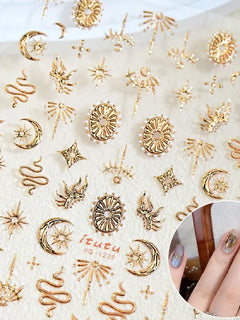 Gold Silver Snake Stars Nail Stickers for Nail Decoation Decals 5D Self-Adhesive Bronzing Stars Moon Totem DIY Supplies Slider