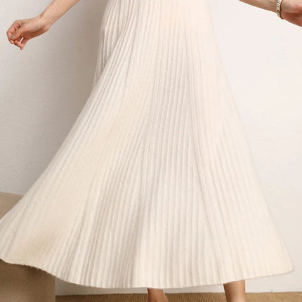 Women A-Line Pleated Skirt Cashmere High Waist Autumn Winter Large Umbrella Skirt 100% Cashmere Knitted Office Lady Casual Dress PlatiNum