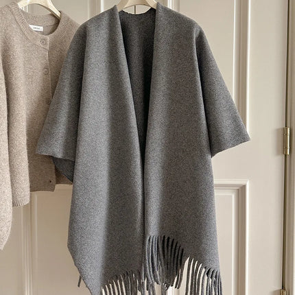 Women Split‑Open Woolen Tassel Poncho Shawl Thick Warm Cape Coat Autumn Winter Travel Photography Outer Wrap
