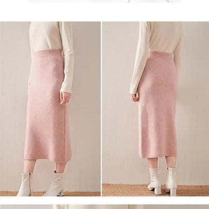 Korean Winter Cashmere Knitted Long Skirts For Women Fashion Mid-length High Waist A-line Skirts Female Wool Bottoms PlatiNum
