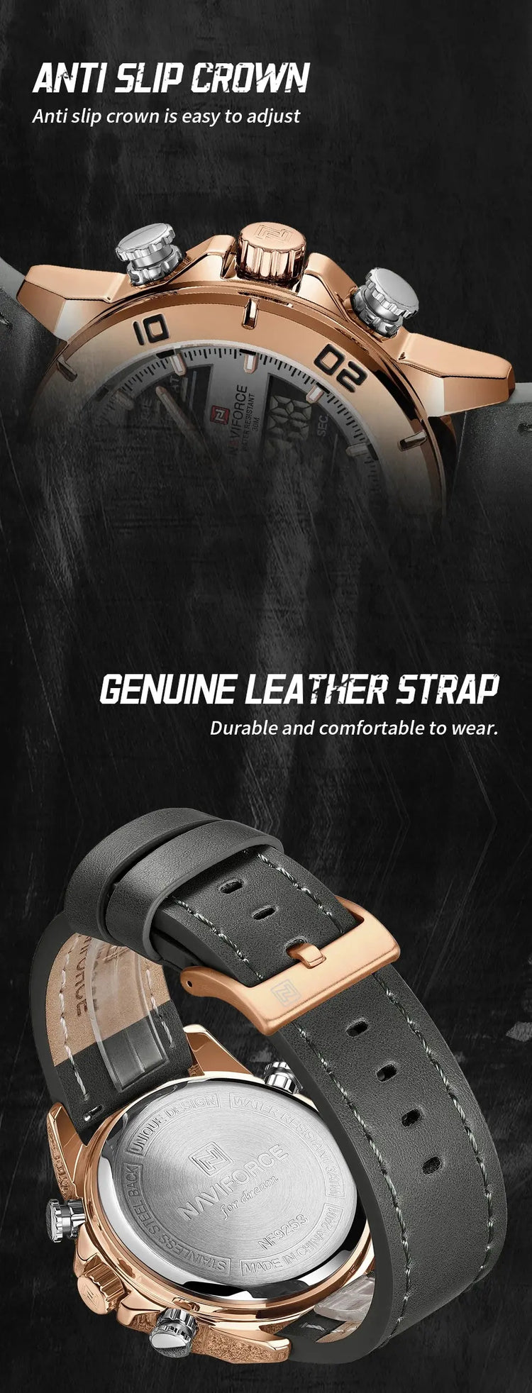 NAVIFORCE Orologio alla moda da uomo con cinturino in vera pelle Movimento al quarzo resistente all'acqua 30M Display luminoso con giorno e data F platinumshop