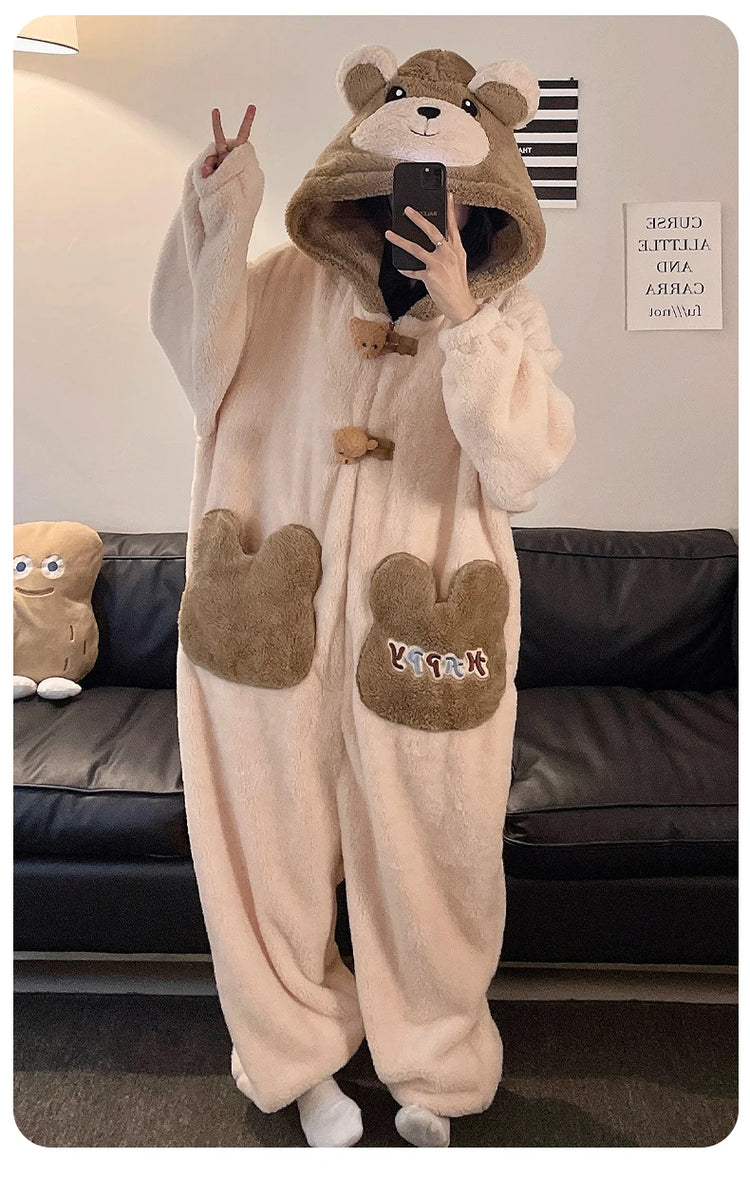 Winter Pajamas Cartoon Bear Costume Pijama Kawaii Adult Couples Kigurumis Sleepwear Jumpsuits Coral Fleece Loose Warm Homewear