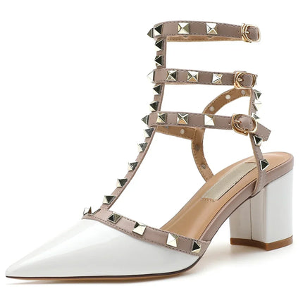【Misurati la lunghezza dei piedi prima di ordinare】Sandali eleganti da donna con rivetti e cinturino alla caviglia, scarpe con tacco alto a blocco, modello 94-CHC-33