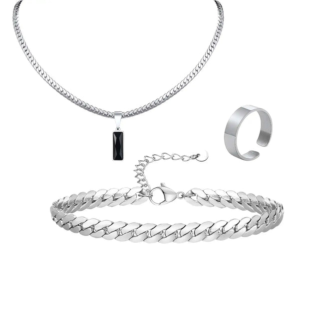 Elegante Set di Gioielli da Uomo con 3 Pezzi, Catena Cubana Piatta, Ciondolo Geometrico in Acciaio Inox con Pietra, Gioielli Hip Hop, Regalo per Lui platinumshop