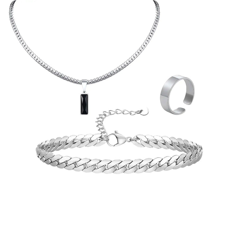 Elegante Set di Gioielli da Uomo con 3 Pezzi, Catena Cubana Piatta, Ciondolo Geometrico in Acciaio Inox con Pietra, Gioielli Hip Hop, Regalo per Lui platinumshop