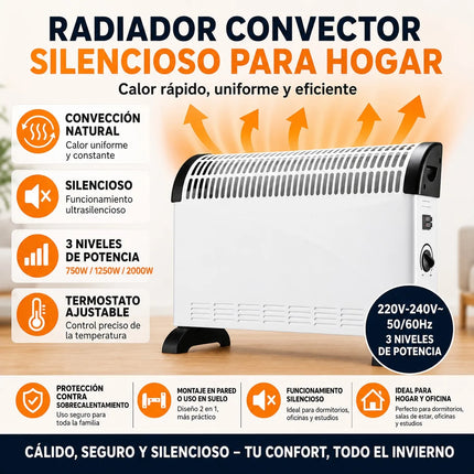2000W Silent Electric Convector Radiator with 3 Power Levels, Adjustable Thermostat and Overheating Protection, Wall or Floor Heater for Home or Office