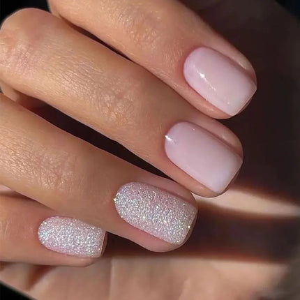 False Nail Full Cover Fake Nail Pink Glitter Wearable French Short Nails Square Head False Nail Press On Nails Manicure Tool