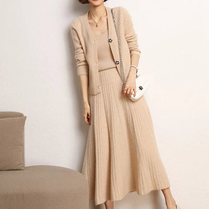 Women A-Line Pleated Skirt Cashmere High Waist Autumn Winter Large Umbrella Skirt 100% Cashmere Knitted Office Lady Casual Dress PlatiNum