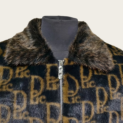 Winter Men's Lapel Imitation Fur Letter Print Warm Jacket