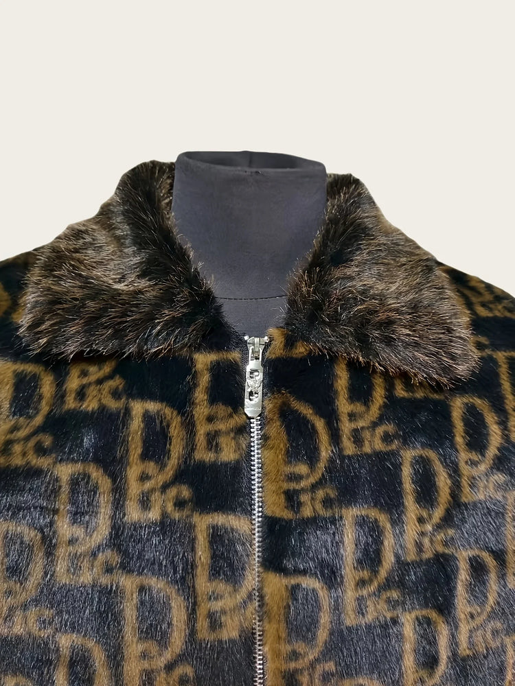 Winter Men's Lapel Imitation Fur Letter Print Warm Jacket