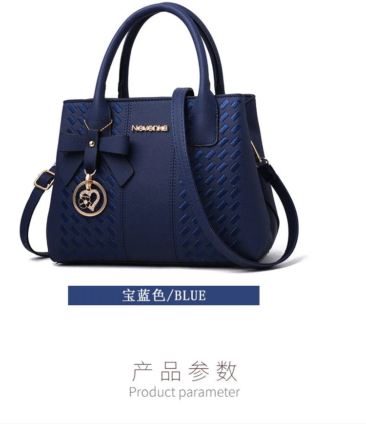 Bow Metal Pendant Top Handle Satchel Crossbody Bag, PU Leather Textured Bag Purse, Classic Versatile Fashion Shoulder Bag PlatiNum