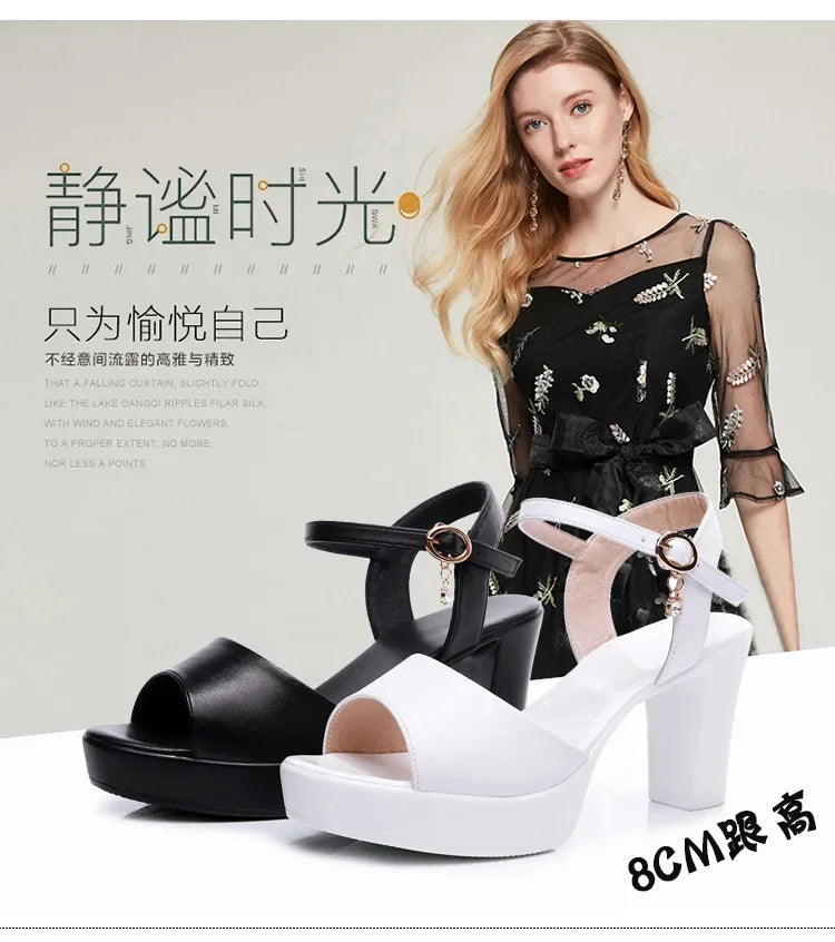 Size 32-43 2024 Genuine Leather Fashion Fish Mouth Women'S High Heel Summer Shoes Dress Sandals Female Woman Sandals Platform PlatiNum