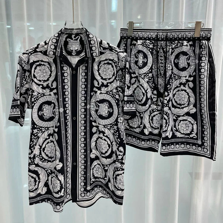 Set di camicie da uomo retrò estive Camicia a maniche corte da spiaggia stampata 3D Pantaloncini da viaggio casual da uomo hawaiano 2 pezzi comoda casual platinumshop