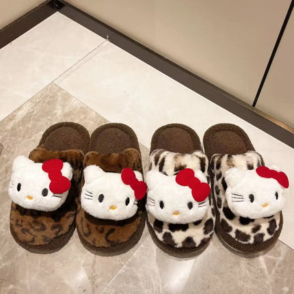 Women Cute Cartoon Cat Leopard Print Plush Slippers Warm Fuzzy Non-Slip Soft Sole Winter Indoor Bedroom Cozy House Home Shoes