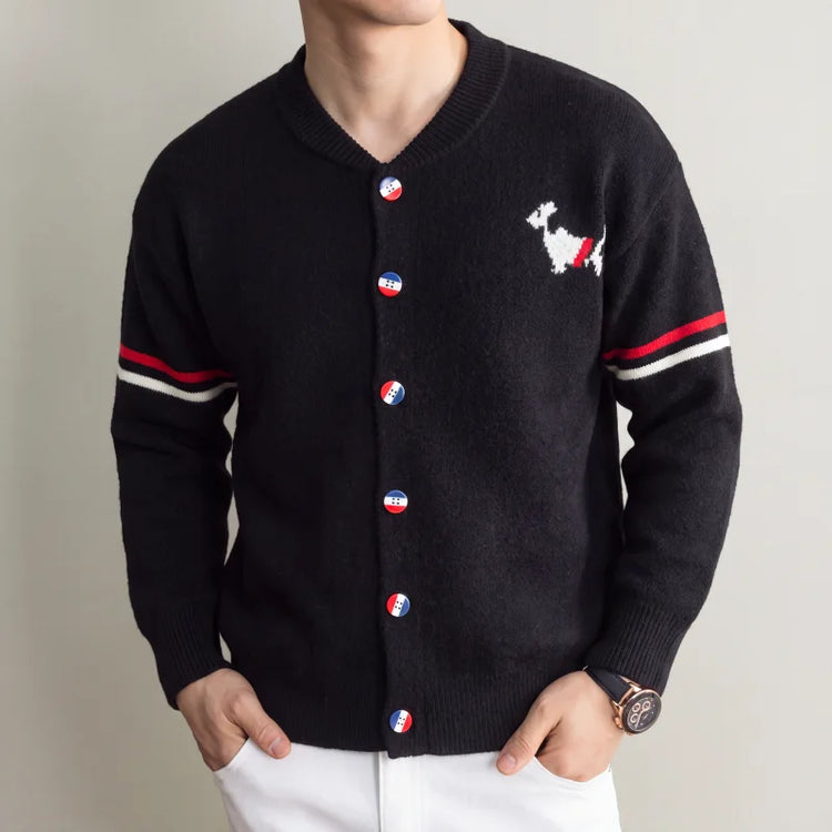 Fashion Men's Knit Cardigan High-End Brand Cartoon Dog Print Design Autumn Winter New Classic Striped Korean Casual Sweater Coat