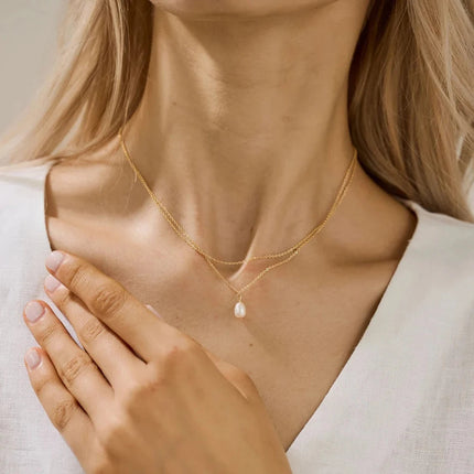 eManco Minimalist Freshwater Pearl Necklace Women Girls 14K Gold Plated Stainless Steel Double Layer Necklace Wedding Jewelry PlatiNum