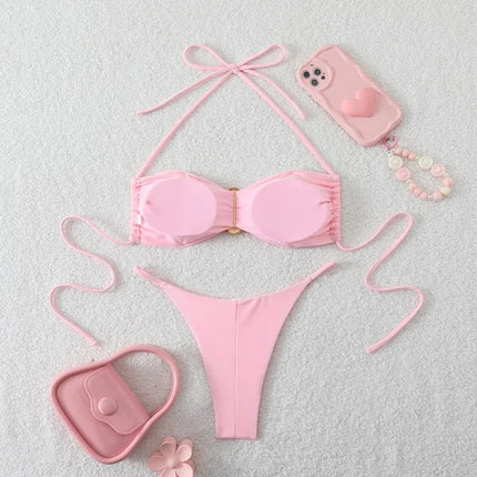 Costume da Bagno da Spiaggia alla Moda, Set Bikini a Perizoma per Donna, Sexy Costume da Bagno a Triangolo con Lacci, Due Pezzi, Stile Brasiliano, Tinta Unita platinumshop