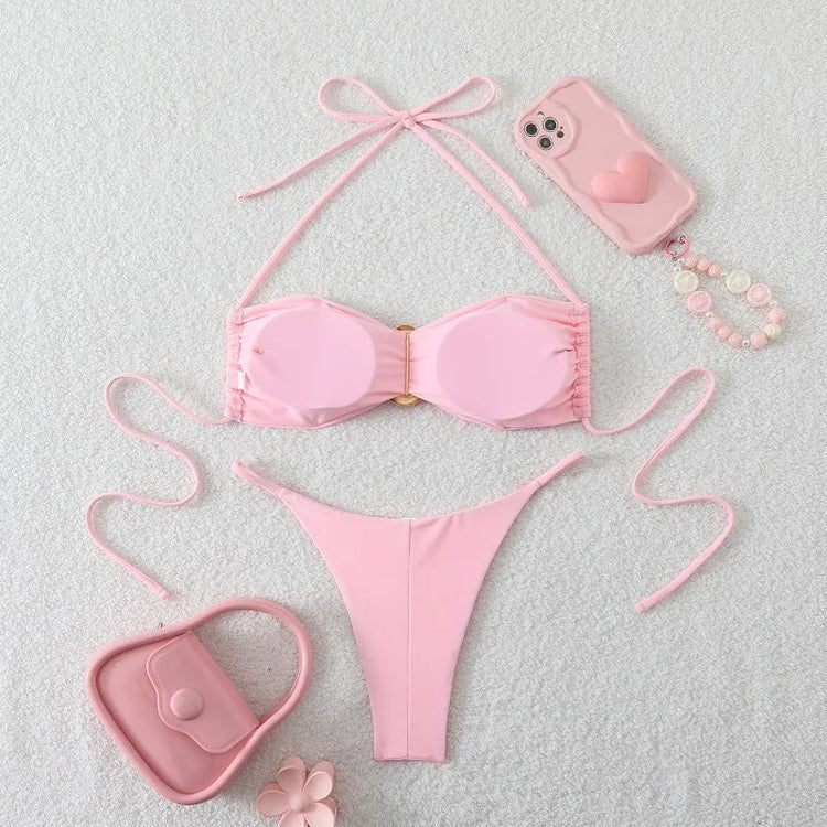 Costume da Bagno da Spiaggia alla Moda, Set Bikini a Perizoma per Donna, Sexy Costume da Bagno a Triangolo con Lacci, Due Pezzi, Stile Brasiliano, Tinta Unita platinumshop