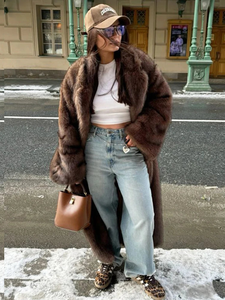 ZADORIN 120cm Super Long Luxury Winter Brown Faux Fur Coat Woman Elegant Belted Lapel Thick Fluffy Fur Jacket High Quality Coats