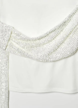 HH 2026 Abito Corto Elegante da Donna Bianco con Maniche Corte, Schiena Scoperta e Decorazioni in Paillettes, Mini Abito Sexy alla Moda per Feste platinumshop