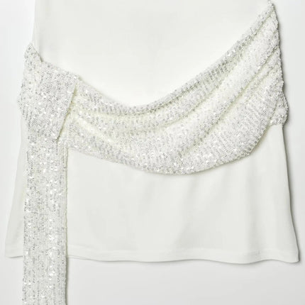 HH 2026 Abito Corto Elegante da Donna Bianco con Maniche Corte, Schiena Scoperta e Decorazioni in Paillettes, Mini Abito Sexy alla Moda per Feste platinumshop