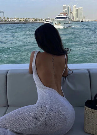Abito lungo senza schienale per le vacanze al mare, copricostume da spiaggia con paillettes scavate in maglia, elegante moda estiva per le donne platinumshop