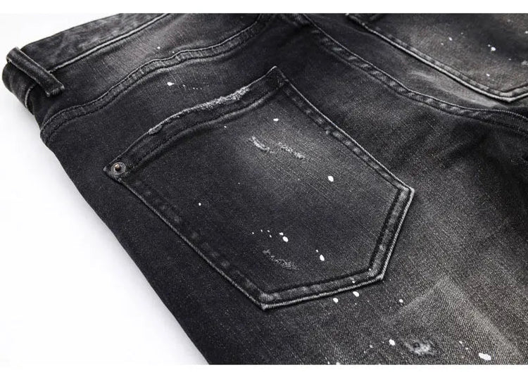 Street Designer Fashion Men Jeans High Quality Retro Black Gray Stretch Slim Fit Ripped Jeans Men Brand Vintage Y2K Denim Pants PlatiNum