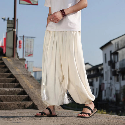 Pantaloni a Gamba Larga Stile Etnico per Uomo, Pantaloni in Lino Comodi e Traspiranti, Pantaloni da Ballo, Abbigliamento Casual Quotidiano, Pantaloni Hanfu, Taglie Fino a 8XL