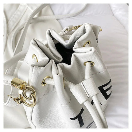 Spring New Fashion Letter PU Leather Bucket Bag Women Simple City Style Shoulder Handbag Trendy Crossbody Satchel Handbag PlatiNum
