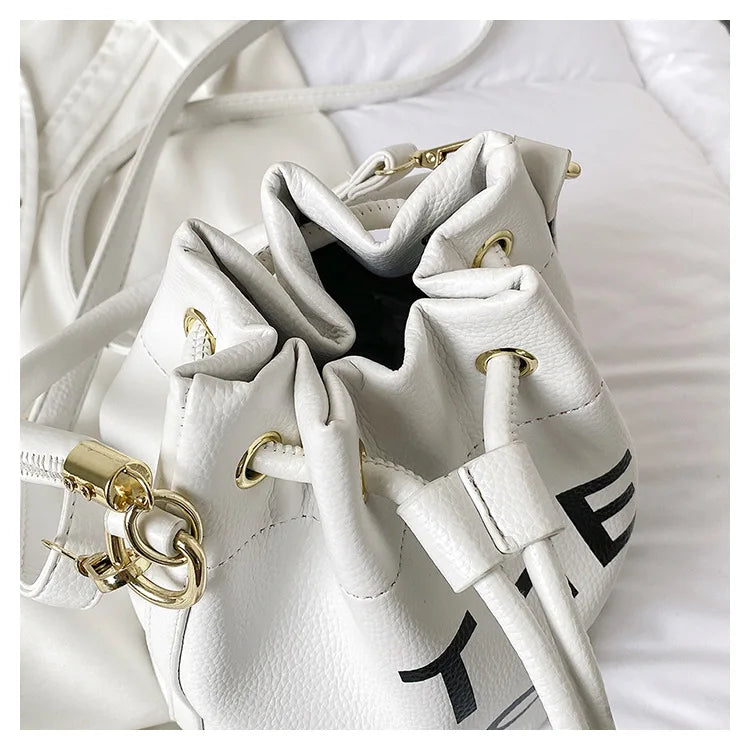 Spring New Fashion Letter PU Leather Bucket Bag Women Simple City Style Shoulder Handbag Trendy Crossbody Satchel Handbag PlatiNum