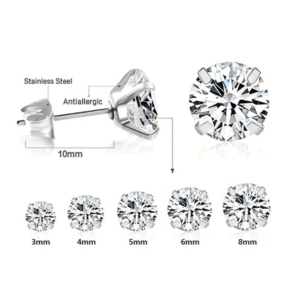 LUXUSTEEL 2Pcs Men's Crystal Zircon Studs Earrings For Women 316L Stainless Steel Cartilage Piercing Ear Anti Allergic 3-8mm PlatiNum