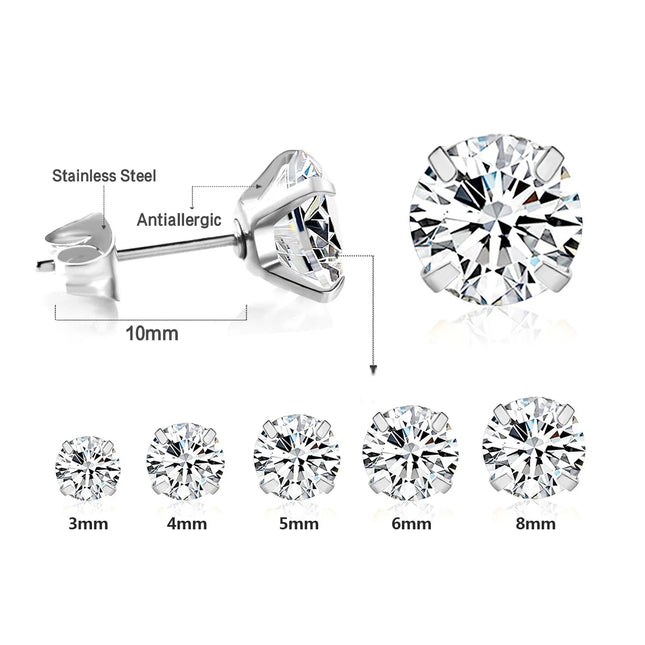 LUXUSTEEL 2Pcs Men's Crystal Zircon Studs Earrings For Women 316L Stainless Steel Cartilage Piercing Ear Anti Allergic 3-8mm PlatiNum