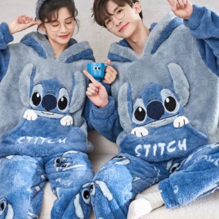 Anime Stitch Pajamas Cute Winter Flannel Thick Sleepwear Set Couple Homewear Warm Comfortable Windproof Long Sleeved Pants Gift
