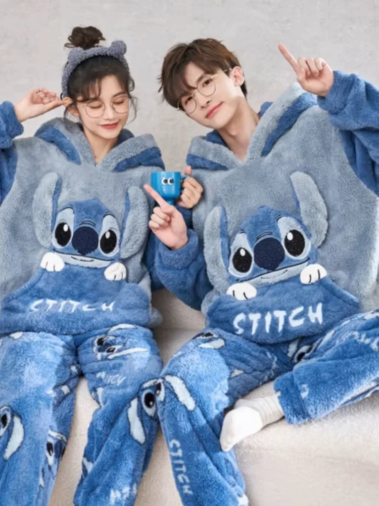 Anime Stitch Pajamas Cute Winter Flannel Thick Sleepwear Set Couple Homewear Warm Comfortable Windproof Long Sleeved Pants Gift