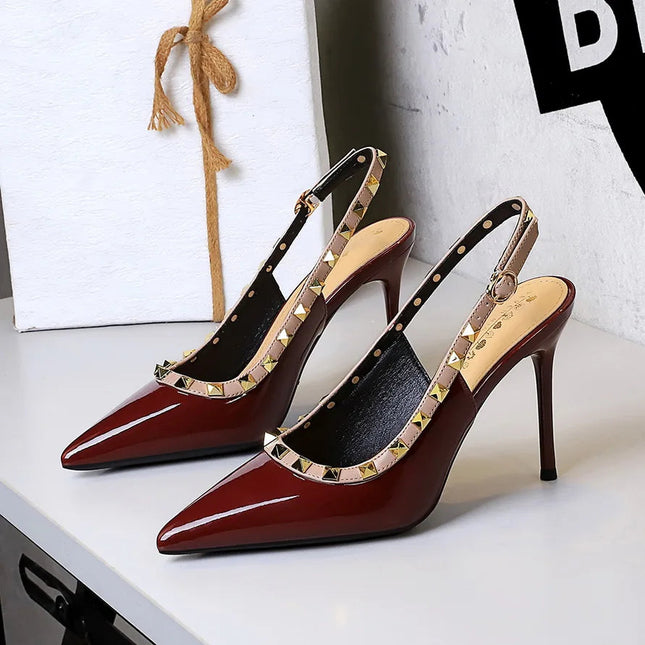 Donne 9.5 cm Tacchi alti Lady Pelle verniciata con borchie Tacco a spillo Singolo cinturino alla caviglia Tacchi Décolleté Scarpe da ballo traspiranti femminili platinumshop
