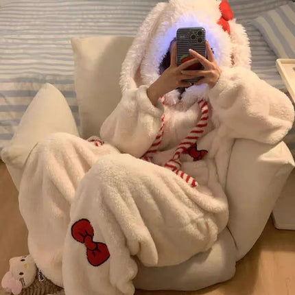 New Sweet and Cute Bow Rabbit One-piece Pajamas Women's Winter New Fleece Thickened Coral Fleece Large Size Loungewear Sleepwear