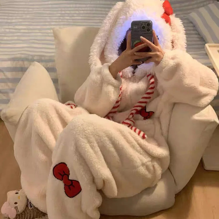 New Sweet and Cute Bow Rabbit One-piece Pajamas Women's Winter New Fleece Thickened Coral Fleece Large Size Loungewear Sleepwear