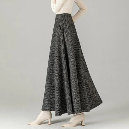New Women Woolen Plaid Skirt Autumn Winter Fashion Elastic High Waist A-Line Wool Blended Long Skirt Simplicity Vintage Skirt PlatiNum