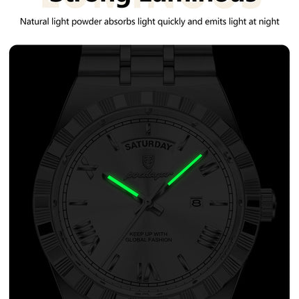 POEDAGAR Fashion Male Clock Luminous Waterproof Week Date Creative Men Watch Stainless Steel Quartz Business Men's Watches Reloj
