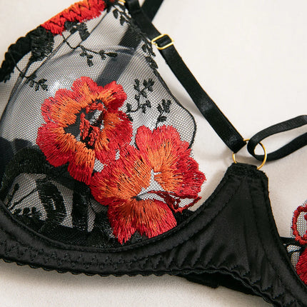 Krasapt Luxury Floral Embroidery Lingerie 2Pcs Sets Sensual Mesh See Through Bra And Panty Garter Erotic Suits Delicate Bilizna
