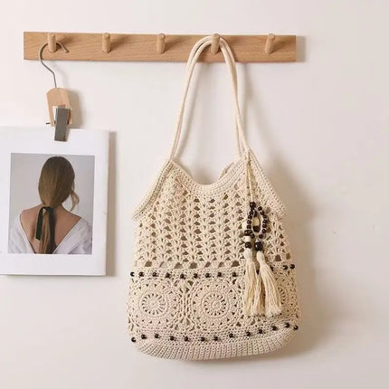 Women Crochet Tote Bag White Openwork Knit Handbag with Beaded Fringe Charm Long Adjustable Straps Boho Beach Bag