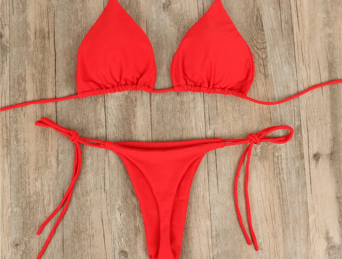 Set bikini sexy perizoma da donna Costume da bagno laterale stile fasciatura Costume da bagno brasiliano con cinturino diviso Set costume da bagno femminile solido regolabile platinumshop