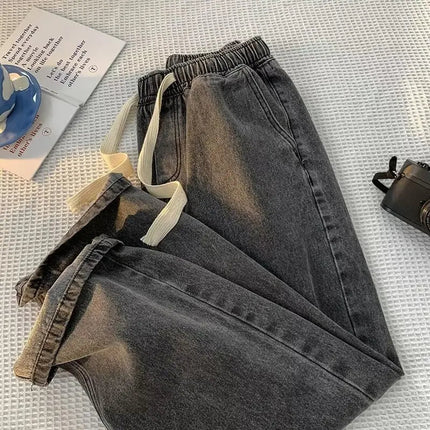 Loose Fit Men's Elastic Waist Jeans with Rope 9-Tenths Straight Leg Korean Style Trendy Versatile Large Size Nine-Piece Pants PlatiNum