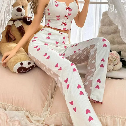 Set lounge con pannello in rete trasparente: top sexy a maniche corte e pantaloni palazzo |   Indumenti da notte con stampa floreale